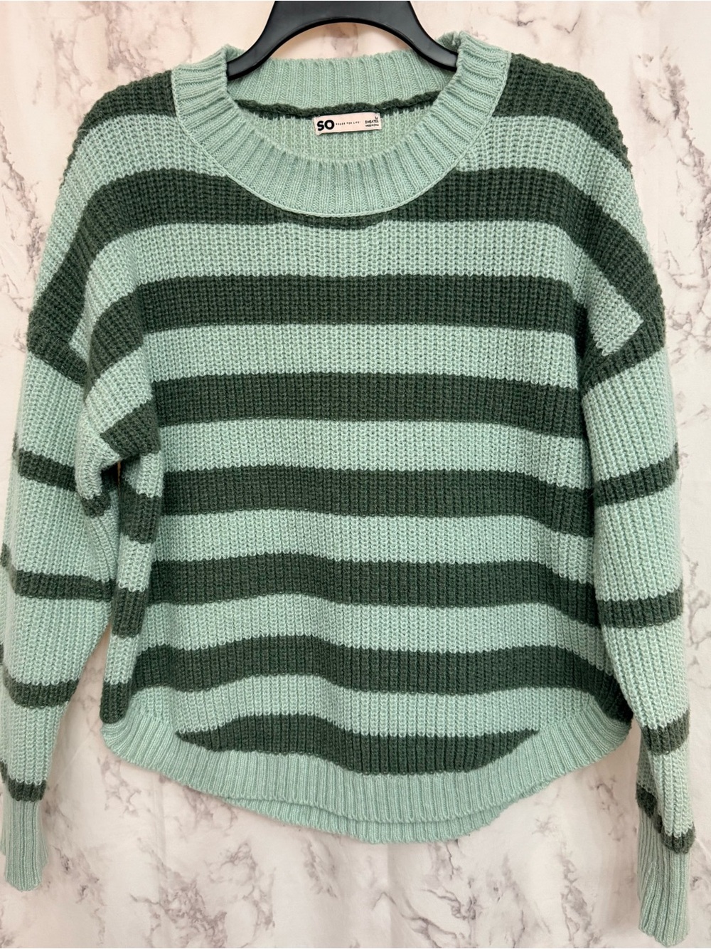 SO Mint Green and Dark Green Striped Crewneck Sweater